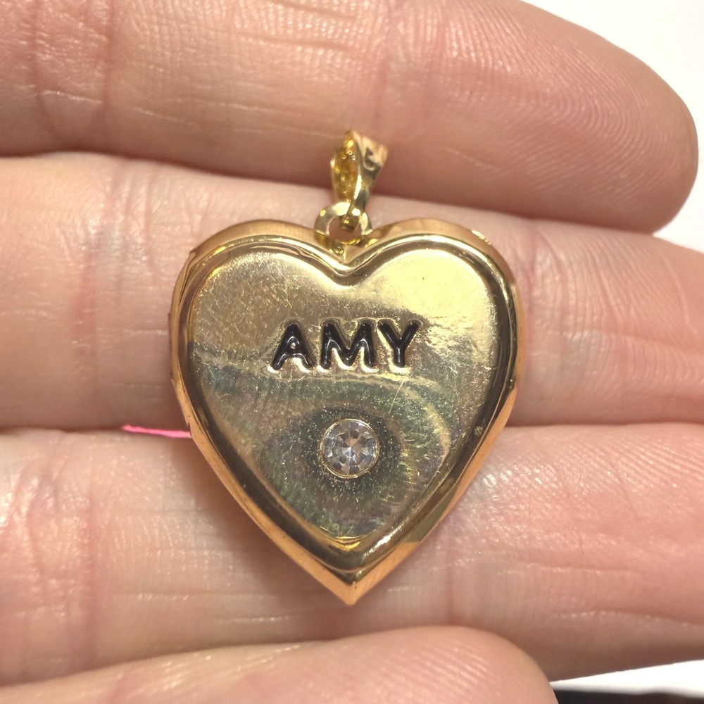Gold Tone Heart Locket Pendant Amy Engraved Name Rhinestone Personalized Jewelry